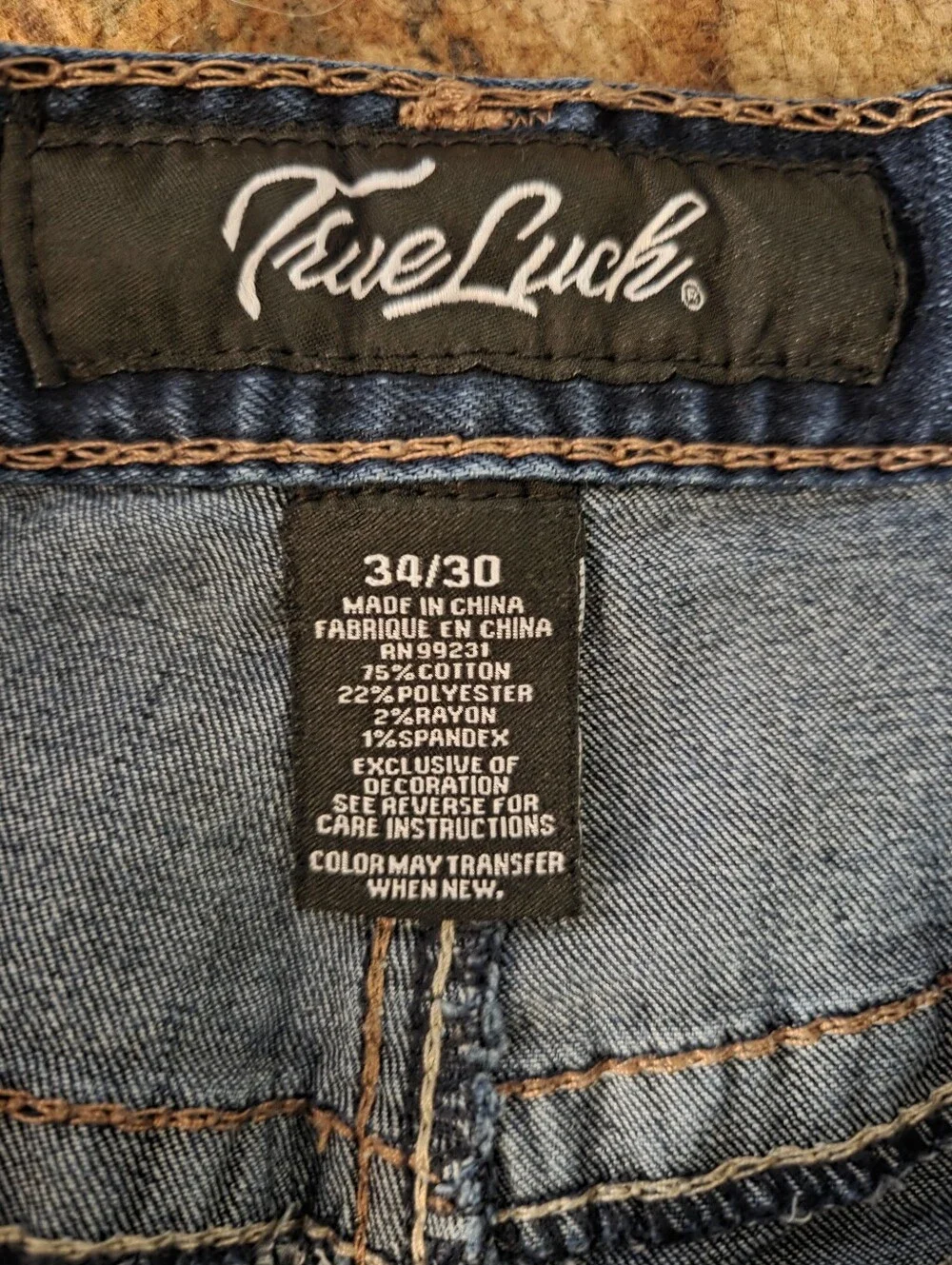 True Luck Men's Jeans Stretch Medium Wash Size 34x30 Embroidered Bootcut EUC